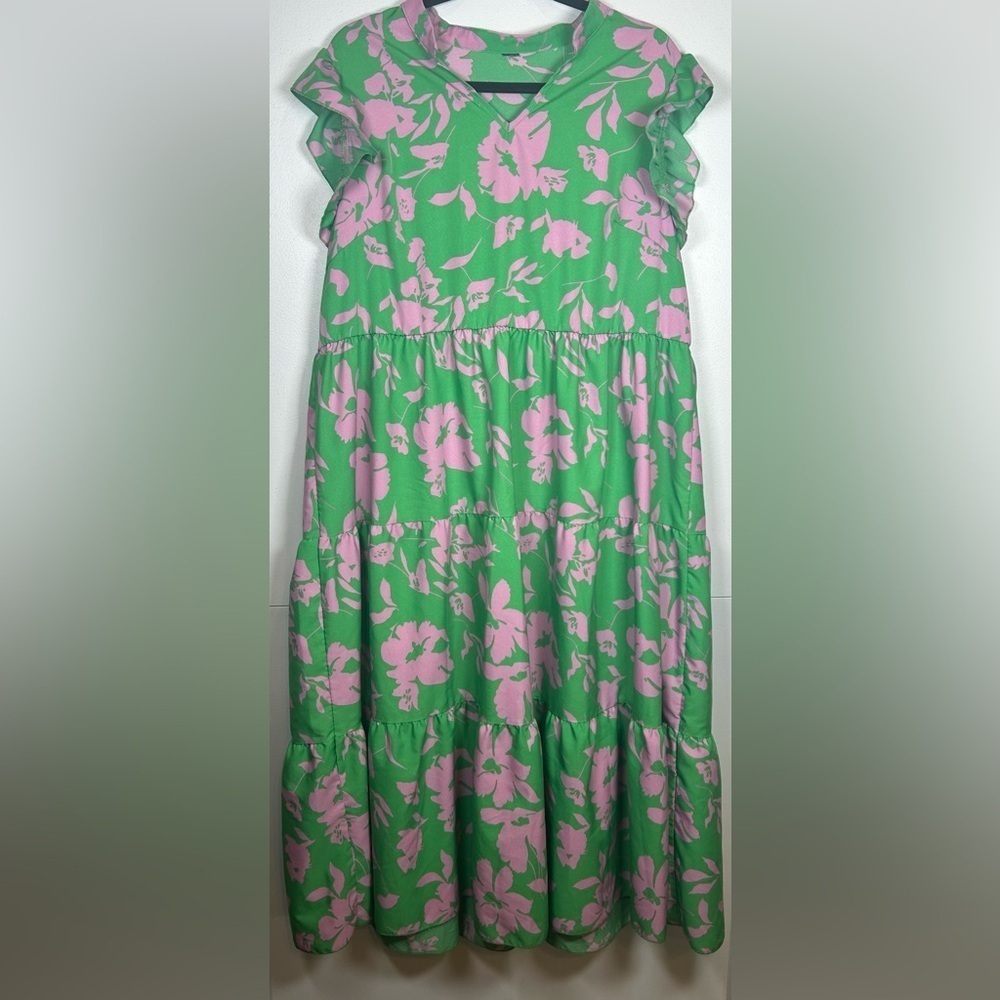 Green and Pink Tiered Maxi Sundress with Flutter Sleeves. Size 1X